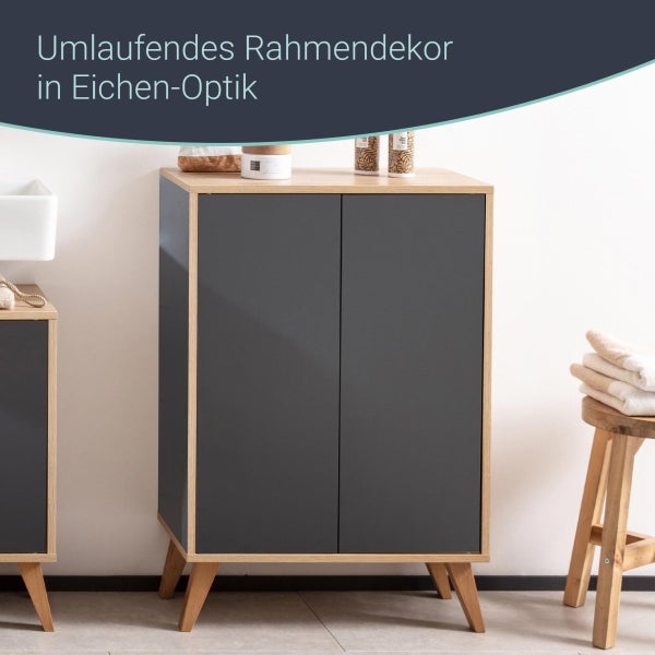 FACKELMANN FINN Badmöbel Set 2 Teile / Doppel-Midischrank mit Push-to-Open fürs Bad / 4 Holzfüße / Badschrank mit 2 Türen / Korpus & Front: Schwarz / Rahmendekor & Füße: Braun hell / Breite: 60 cm