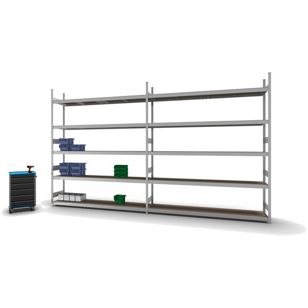 PROREGAL Weitspannregal Stecksystem T-Profil Grundregal HxBxT 300x250x50 cm 5 Ebenen Spanplatten Fachboden Fachlast 350 kg Verzinkt