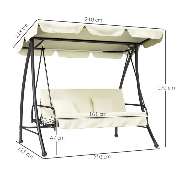 Outsunny 2 in 1 Hollywoodschaukel mit Liegefunktion 3-Sitzer Gartenschaukel mit verstellbarem Sonnendach, Schaukelbank belast bis 240kg, Gartenliege für Garten, Terrasse, 200x125x170 cm, Cremeweiß