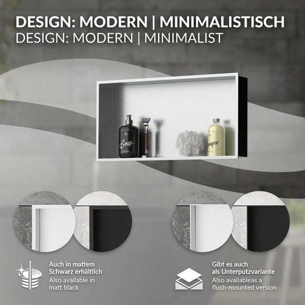 Moderne, minimalistische Wandnische aus Edelstahl für das Badezimmer. Erhältlich in mattem Schwarz und als Unterputzvariante.