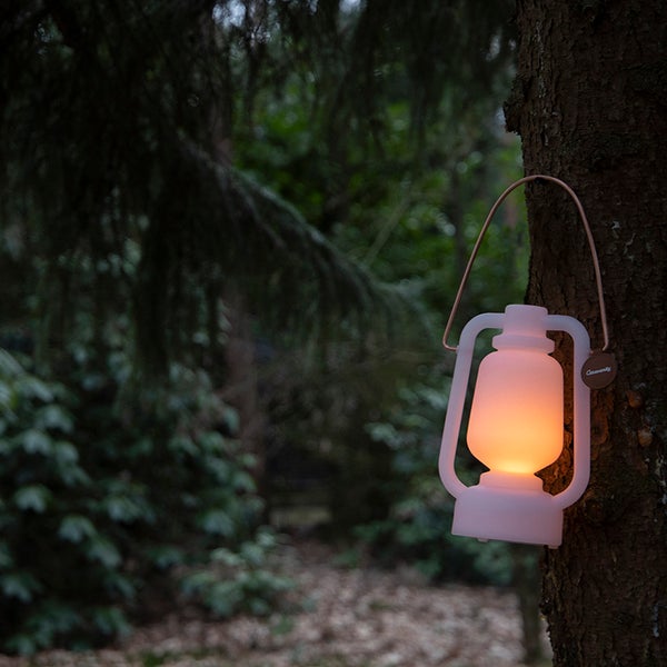 Tragbare LED-Laterne hängt an einem Baumstamm im nächtlichen Wald, warmes Licht, Außenbeleuchtung.