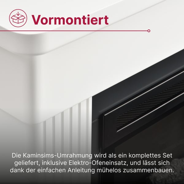 Detailansicht eines weißen Kaminumbaus mit elektrischem Kamineinsatz, vormontiert geliefert als komplettes Set.
