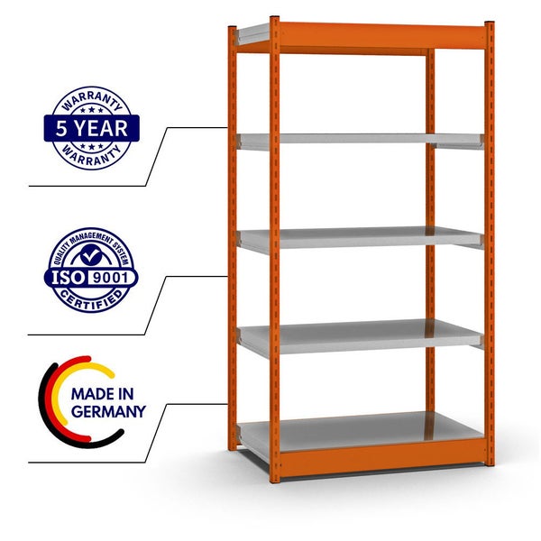 PROREGAL Fachbodenregal Stecksystem Vierkant-Profil Grundregal HxBxT 200 x 102,5 x 60 cm 5 Ebenen Einseitige Bauart Fachlast 200 kg Orange