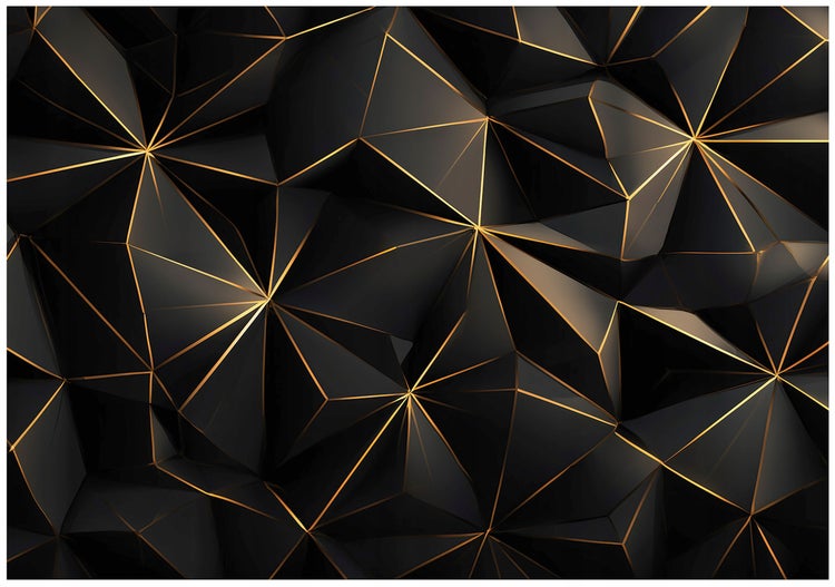 Abstrakte geometrische Struktur mit dreidimensionalen Formen und goldenen Linien.