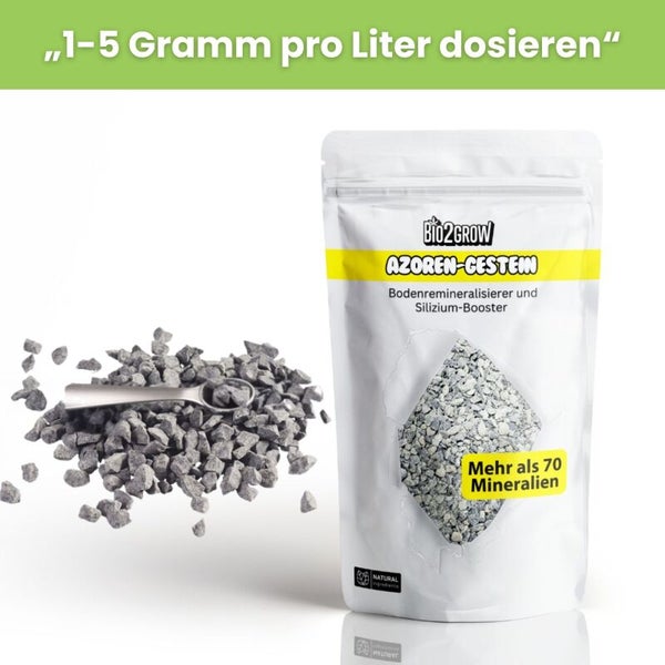 Bio2Grow Azoren Gesteinspackung neben einem Haufen Mineralien
