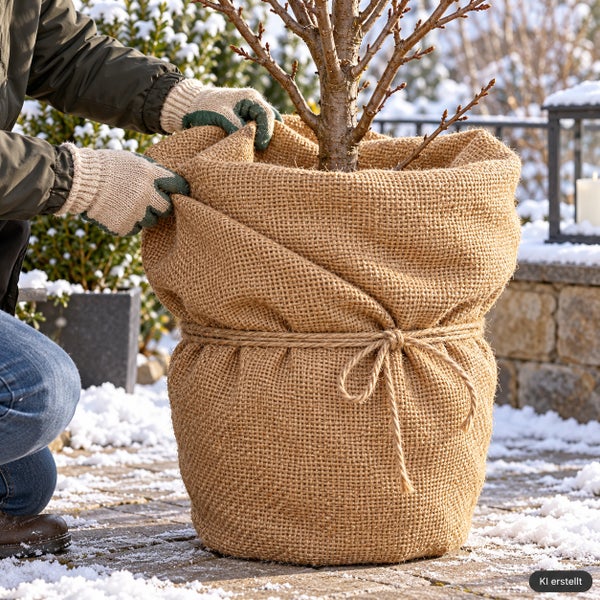 Person mit Handschuhen wickelt einen Jutesack um den Wurzelbereich einer Pflanze zum Winterschutz im Garten.