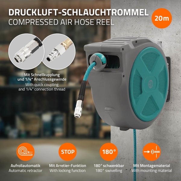 Druckluft Schlauchtrommel mit 20 Meter Schlauch, automatischer Aufrollung, Arretierfunktion, 180 Grad schwenkbar und Schnellkupplung.