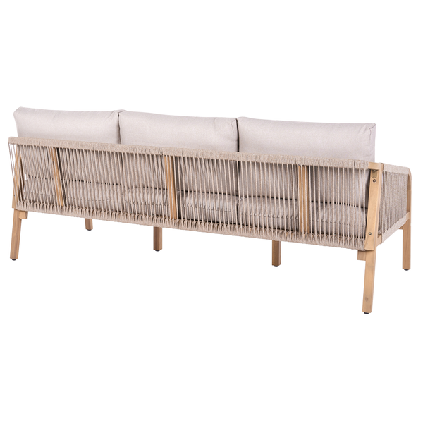 Dreisitzer-Gartensofa mit Holzgestell, Seilbespannung und Polsterauflagen, Rückansicht.