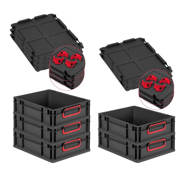 PROREGAL SparSet 5x Eurobox NextGen Color mit Auflagedeckel und Schiebeschnappverschlüsse, HxBxT 12x30x40cm, 11 Liter, Schwarz, Griffe rot geschlossen, Eurobehälter, Transportbox, Transportbehälter, Stapelbehälter