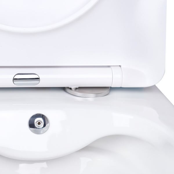 Detailansicht der WC Sitz Befestigung mit Scharnier und Dusch-WC Düse an einer Keramik Toilette