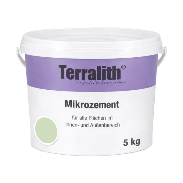 Terralith Mikrozement im 5 Kilogramm Eimer für Innenbereiche und Außenbereiche, hellgrün.