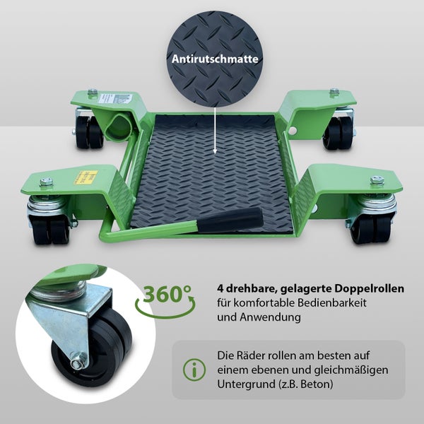 Grüner Rollbrettwagen mit Antirutschmatte und drehbaren Doppelrollen