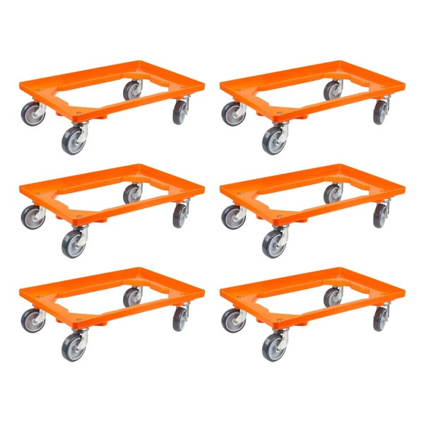 PROREGAL SparSet 6x Transportroller für Euroboxen 60 x 40 cm mit Gummiräder Orange Offenes Deck 4 Lenkrollen Traglast 300 kg