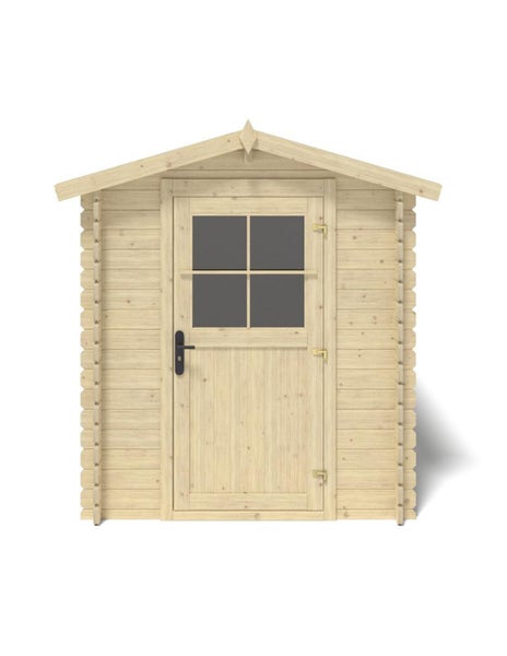 Gartenhaus aus Holz mit Satteldach und einer Einzeltür mit Fenster in Blockbohlenbauweise.