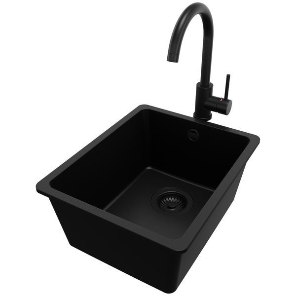 PRIMAGRAN Granitspüle Alles Schwarz 36x44cm, Spülbecken 1 Becken + Küchenarmatur 32x20cm + Ablauf-Set, Küchenspüle ab 40er Unterschrank - Venedig Slim Easy