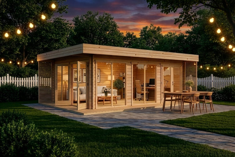 Modernes Gartenhaus aus Holz mit Flachdach und Glasfront. Innenraum mit Wohnbereich und Büro auf einer gepflasterten Terrasse im Garten.