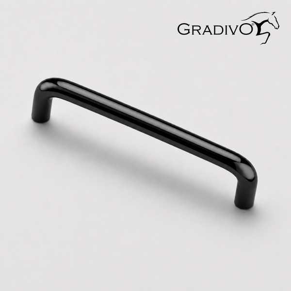 Schwarzer glänzender Bügelgriff für Möbel von Gradivo. Gradivo Logo.