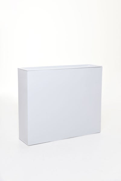 Weißer, rechteckiger Pflanzkübel als Raumteiler, modernes Design aus Metall.