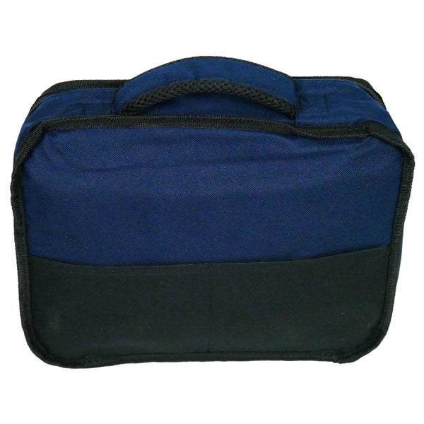 Blaue und schwarze rechteckige Werkzeugtasche aus Textil mit Tragegriff und Reißverschluss.