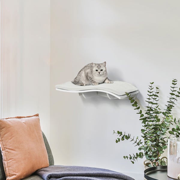 PawHut Katzen Kletterwand Katzenhängematte Katzenbett Wand Katzenregal Wandmontage Katzenmöbel Plüsch MDF Weiß 53 x 28 x 12 cm