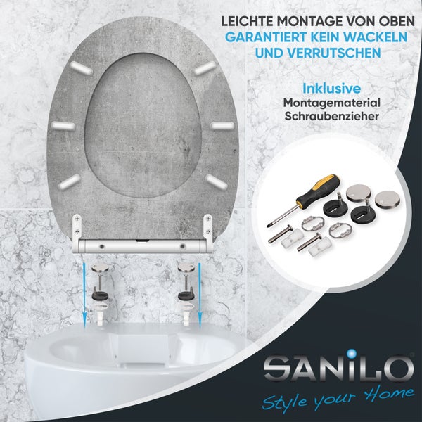 WC-Sitz in Beton-Optik mit Montagematerial und Schraubendreher für die einfache Montage von oben. SANILO Logo.