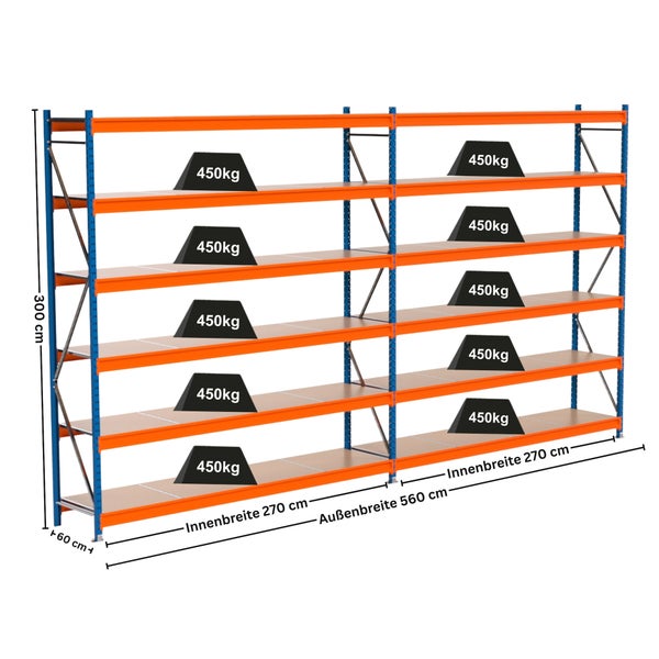 Lagerregal mit sechs Ebenen und Gewichtsangaben