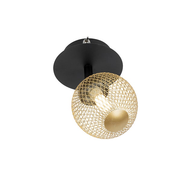 Deckenleuchte mit rundem, goldenem Drahtschirm und schwarzer Halterung