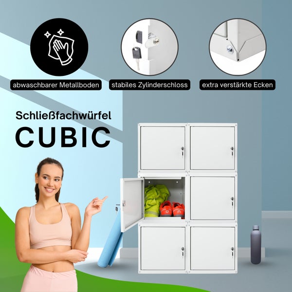 Schließfachwürfel CUBIC aus Metall mit sechs Fächern, Zylinderschloss, verstärkten Ecken und abwaschbarem Boden.