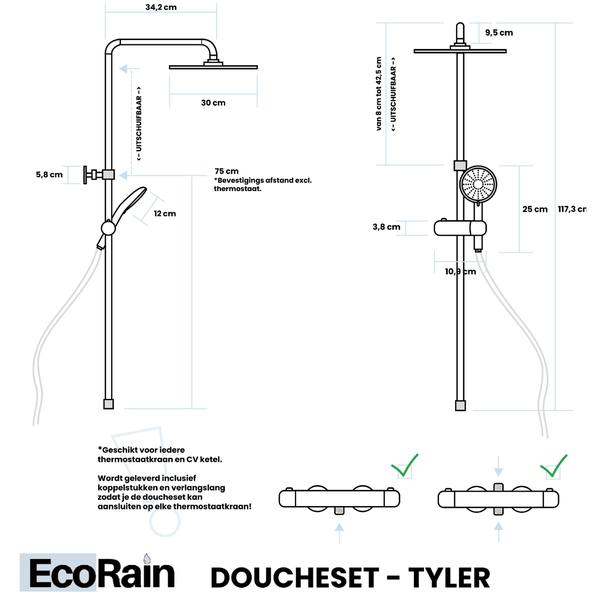 EcoRain 30% Wassersparender Regendusch-Duschset Tyler 30 CM Quadrat - Handbrause 12 CM - Hoher Druck - Universell - Anti-Kalk Duschkopf - Chrom