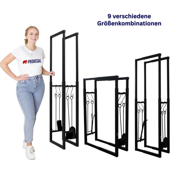 Verschiedene Kamingarnituren mit Rahmen und Kaminbesteck in unterschiedlichen Größen.