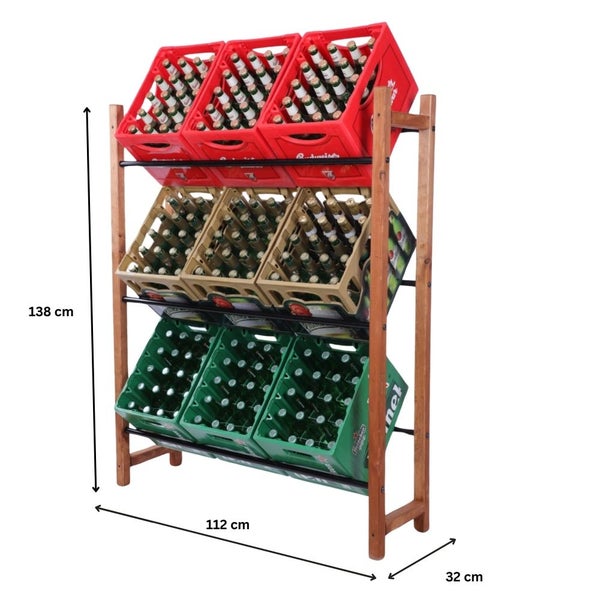 PROREGAL Getränkekistenregal EIFEL HxBxT 138x112x32cm 9 Kisten auf 3 Ebenen Massives Kiefernholz Braun geölt