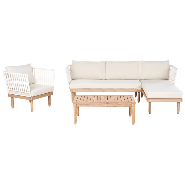 Gartenlounge-Set aus Holz mit Ecksofa, Sessel und Couchtisch, Rückenlehnen mit weißer Seilbespannung und hellen Polstern.