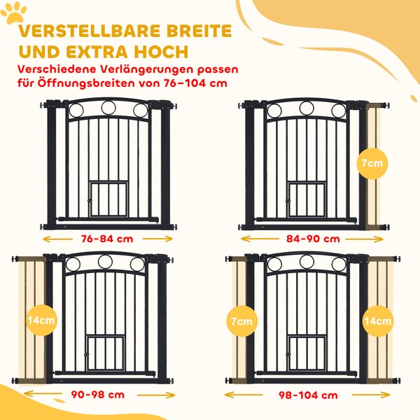 Darstellung verschiedener Breiten einer verstellbaren Treppenschutzgitter mit Tür für Hunde, passend für Öffnungsbreiten von 76 bis 104 Zentimeter