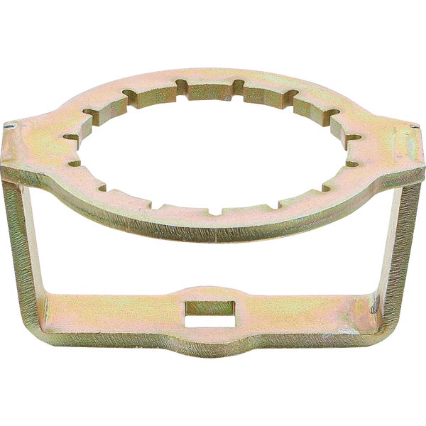 Blaue LED-Tischleuchte mit plissiertem Schirm auf einer Holzkommode neben einem Spielzeug-Lastwagen und einem Stapelspiel aus Holz.