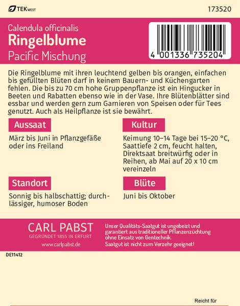Rückseite der Samentüte Carl Pabst Ringelblume Pacific Mischung mit Anleitungen für Aussaat, Kultur, Standort und Blüte sowie Carl Pabst Logo.