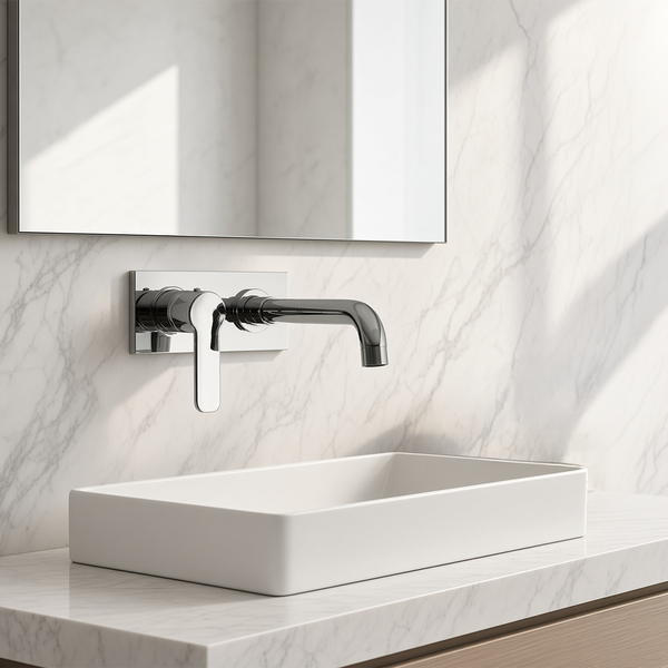 Moderne Wandarmatur über rechteckigem Aufsatzwaschbecken vor einer Marmorwand mit Spiegel in einem eleganten Badezimmer.