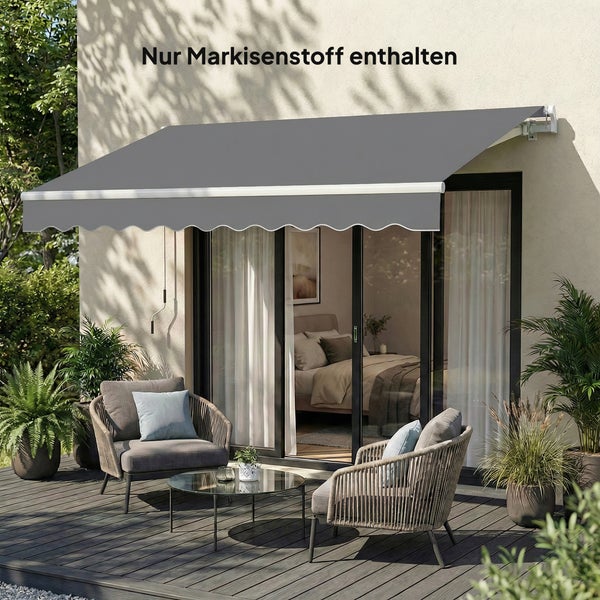 Markisenstoff über einer Terrasse mit Außenmöbeln und Glasschiebetür. Nur Markisenstoff enthalten.