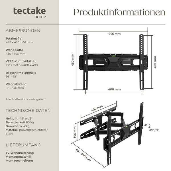Produktinformationen zur TV Wandhalterung von tectake home mit Abmessungen und technischen Daten