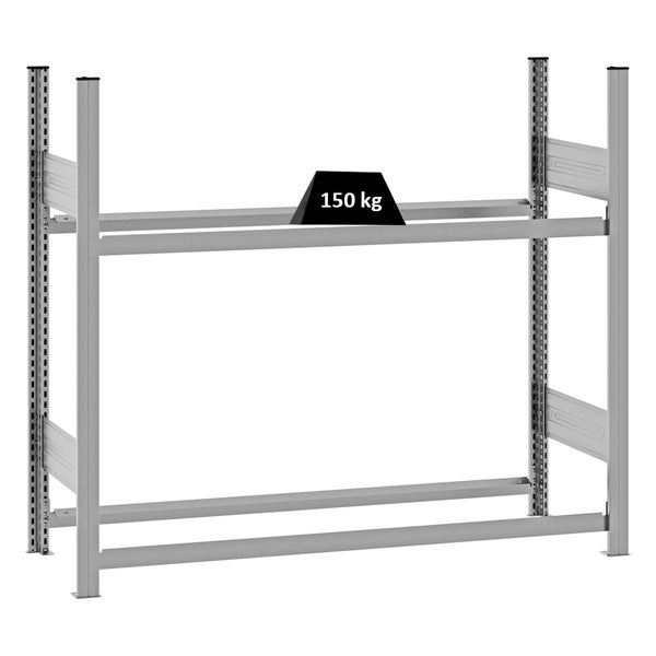 Metall-Schwerlastregal-Rahmen mit einer Traglast von 150 Kilogramm pro Boden.