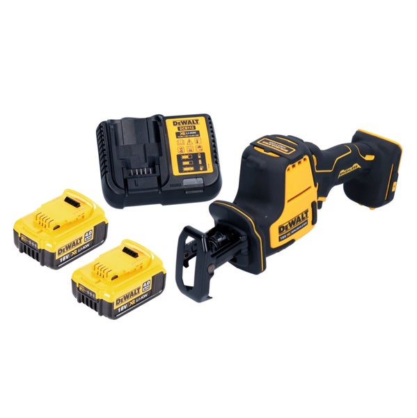 DeWalt Akku-Säbelsäge-Set mit zwei 18 Volt Akkus und einem Ladegerät.