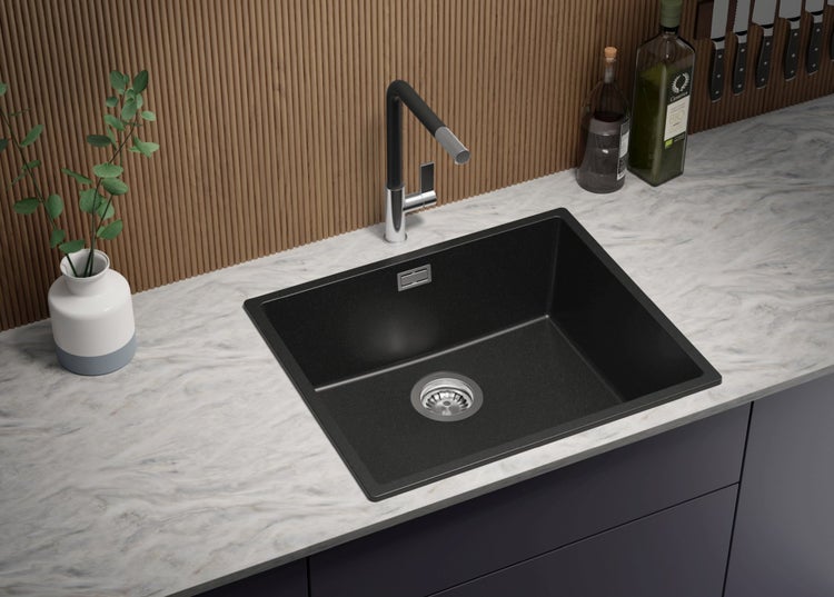 PRIMAGRAN Spülbecken Alles Schwarz 56x47cm, Granitspüle 1 Becken + Ablauf-Set, Küchenspüle ab 60er Unterschrank - London Slim