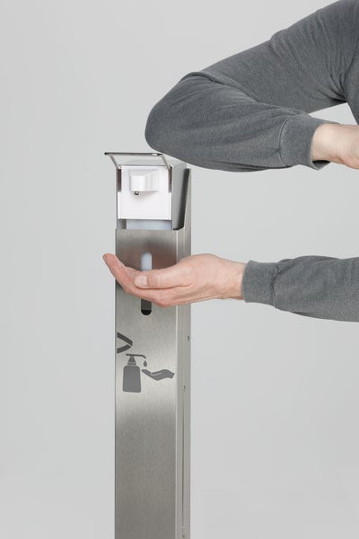 PROREGAL Robuster Handdesinfektionsspender Mit Spender Bodenmontage HxBxT 120 x 18 x 23 cm Edelstahl Silber