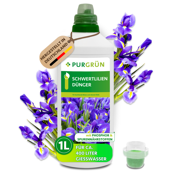 Purgrün Logo, Schwertlilien Dünger, 1 Liter, mit Phosphor und Spurennährstoffen, hergestellt in Deutschland, für circa 400 Liter Gießwasser.