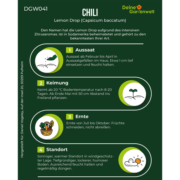 Infografik zur Chili Lemon Drop mit Deine Gartenwelt Logo. Hinweise zu Aussaat, Keimung bei 20 Grad, Ernte von Juli bis Oktober und Standort.