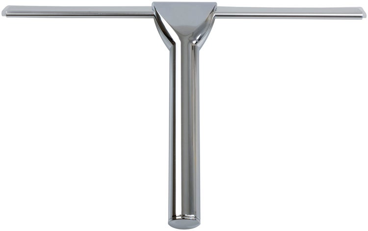 Duschabzieher aus verchromtem Metall mit Gummilippe für Glasflächen und Fliesen.