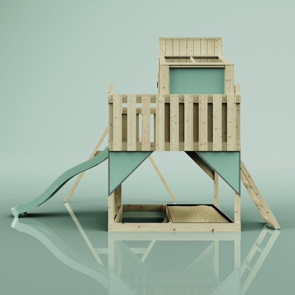 Spielturm aus Holz mit Rutsche, Klettergerüst und Sandkasten