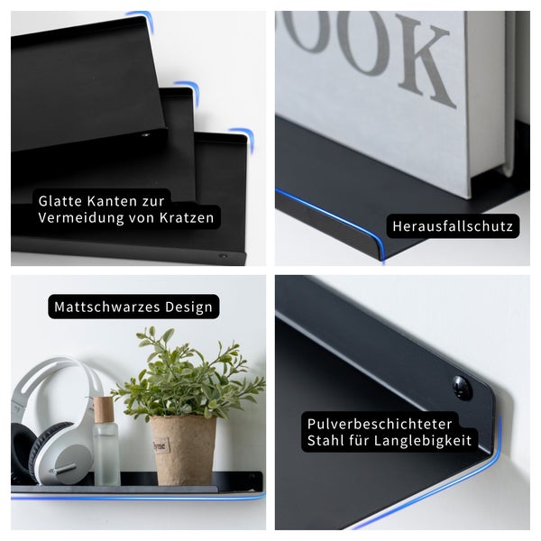Wandregal aus mattschwarzem, pulverbeschichtetem Stahl mit glatten Kanten und Herausfallschutz.