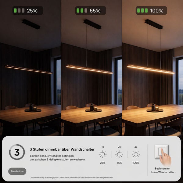 Moderne Pendelleuchte über einem Esstisch aus Holz, dreistufig dimmbar über den Wandschalter bei 25, 65 und 100 Prozent Helligkeit.