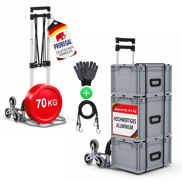 Proregal Logo. Aluminium-Treppensteiger-Sackkarre mit 70 Kilogramm Tragkraft, Sternrädern, elastischen Spanngurten und Arbeitshandschuhen.