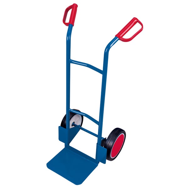 Blaue Sackkarre mit rotem Griff und Rädern